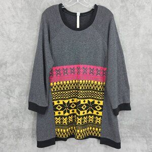 Uncle Frank Sweater Dress XL Dark Grey Colorful Embroidery Raglan Sleeve Nordic